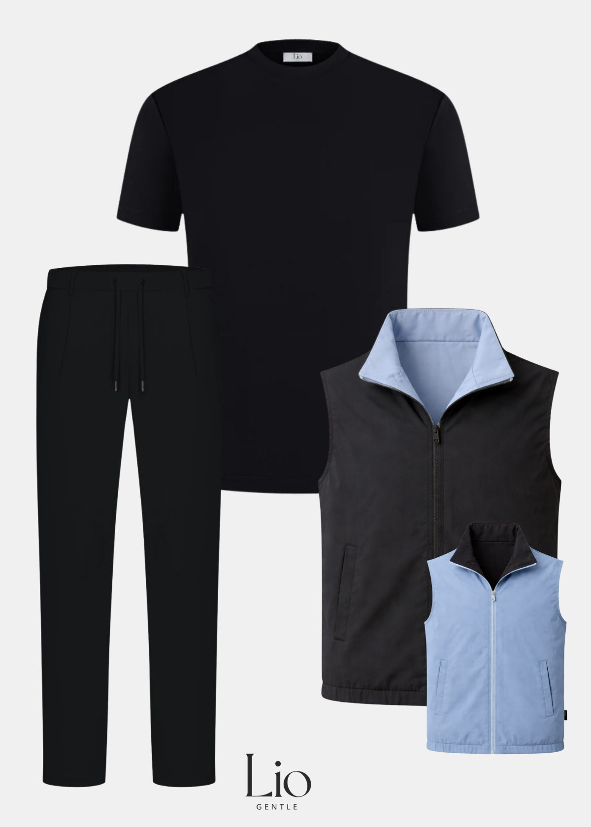Combiset | Broek | T-shirt | Bodywarmer | Baby blauw & Zwart